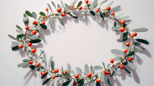A Wreath Made Of Evergreen Branches And Red Berries On A White Surface — Stock Photo