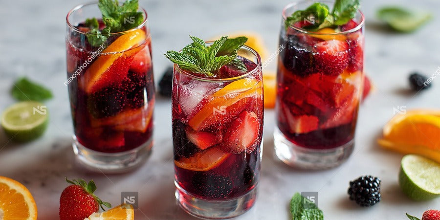 Three Glasses Of Red Sangria With Sliced Fruit And Mint Leaves On A Marble Countertop — Stock Photo