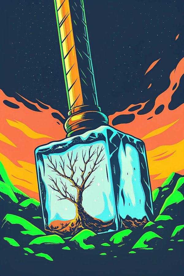 A Digital Illustration Of A Bottle Containing A Tree Branch Set Against A Backdrop Of A Fiery Sky And Swirling Clouds — Stock Illustration