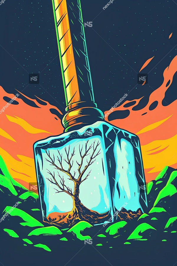 A Digital Illustration Of A Bottle Containing A Tree Branch Set Against A Backdrop Of A Fiery Sky And Swirling Clouds — Stock Illustration