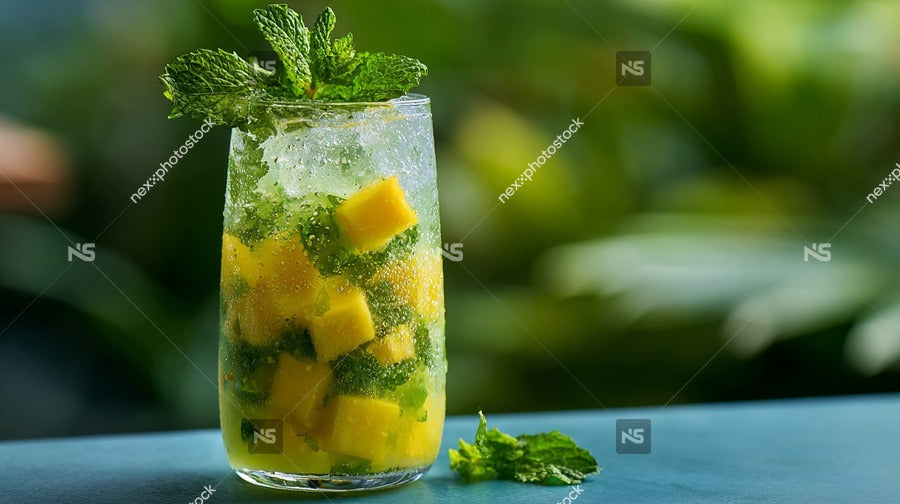 Minty Mojito Cocktail In A Glass With Ice And Fruit Garnish On A Table — Stock Photo