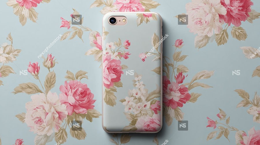 Floral Phone Case With Pink Flowers And Blue Background — Stock Photo