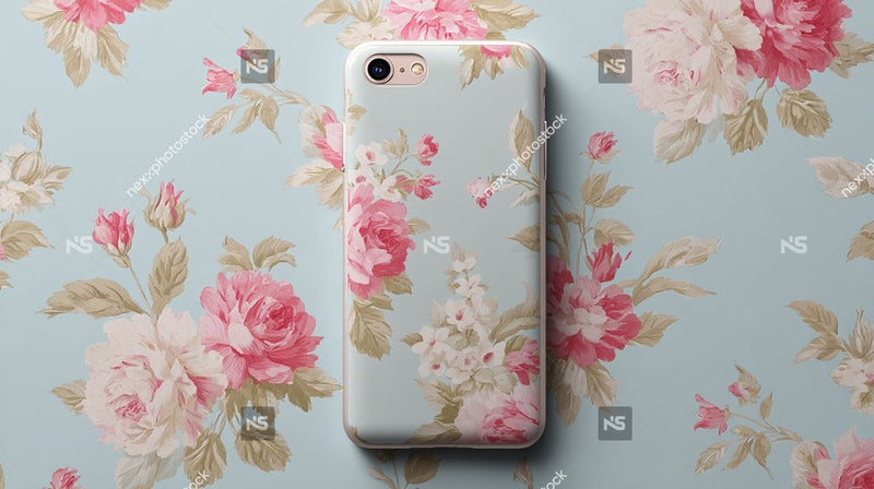 Floral Phone Case With Pink Flowers And Blue Background — Stock Photo