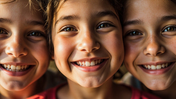 Three Children Smiling At Camera With One Child In Close Up And Two In Mid Ground Set Against A Blurred Background — Stock Photo