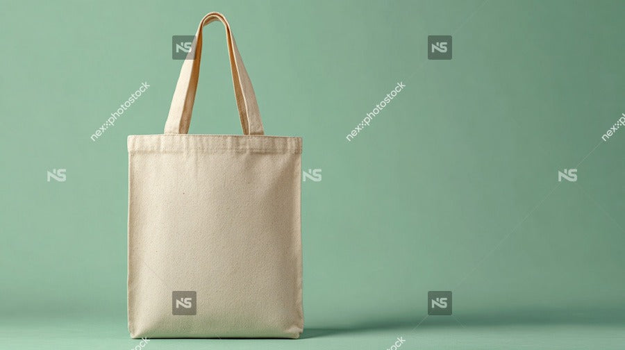 A Beige Canvas Tote Bag With A Yellow Handle Placed On A Light Green Background — Stock Photo