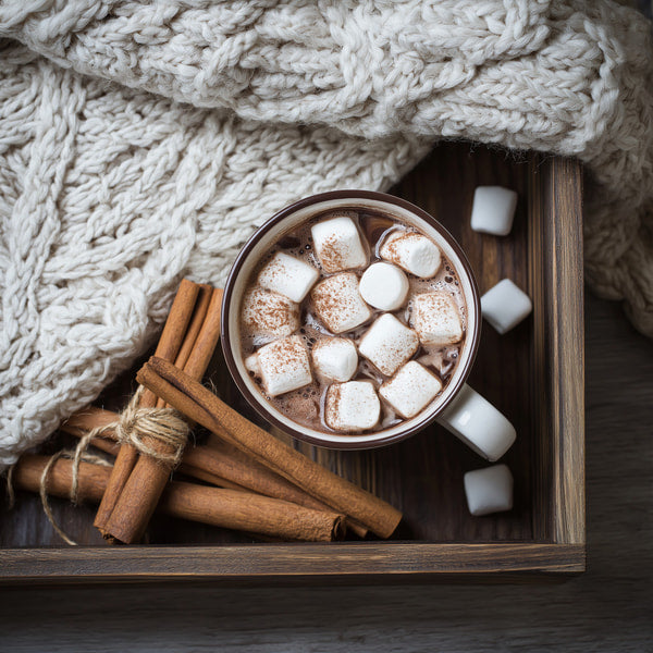 A Cozy Winter Scene A Warm Beverage And Sweet Treats On A Wooden Tray — Stock Photo