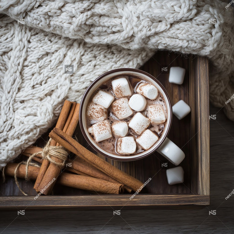 A Cozy Winter Scene A Warm Beverage And Sweet Treats On A Wooden Tray — Stock Photo