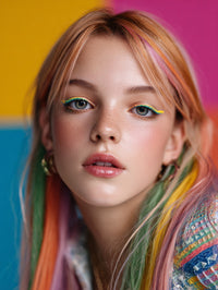 A Young Woman With Vibrant Multicolored Hair And Makeup Poses For A Portrait Against A Colorful Background — Stock Photo