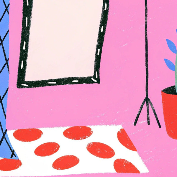 A Whimsical Bedroom Scene With A Pink Wall A Mirror And A Red Polka Dot Rug — Stock Illustration