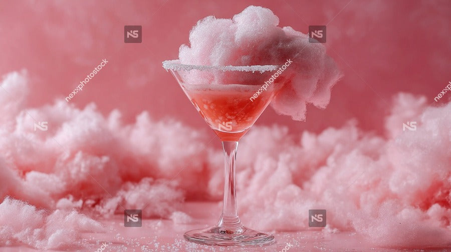 A Martini Glass Filled With Pink Fluffy Clouds Set Against A Vibrant Red Background — Stock Photo