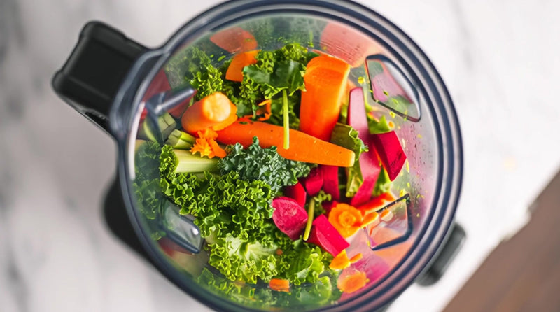 shows a blender filled with a variety of fresh vegetables including carrots and broccoli - Stock Video