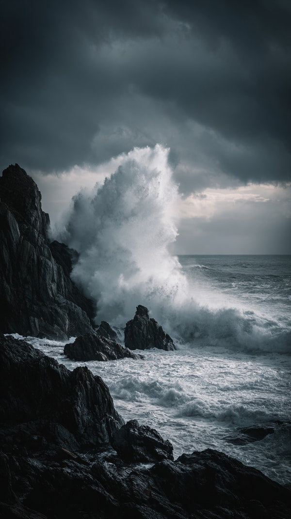 Dark And Moody Landscape Photograph Of A Rocky Coastline Under A Stormy Sky With Waves Crashing Against The Shore — Stock Photo