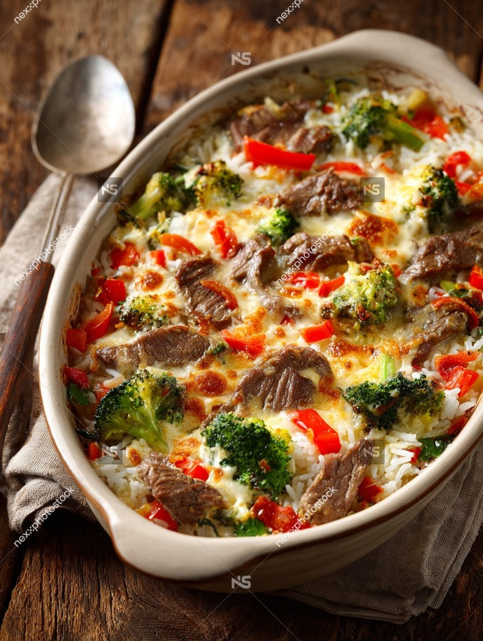 A Casserole Dish Filled With Beef Stir Fry And Broccoli Ready To Be Served — Stock Photo