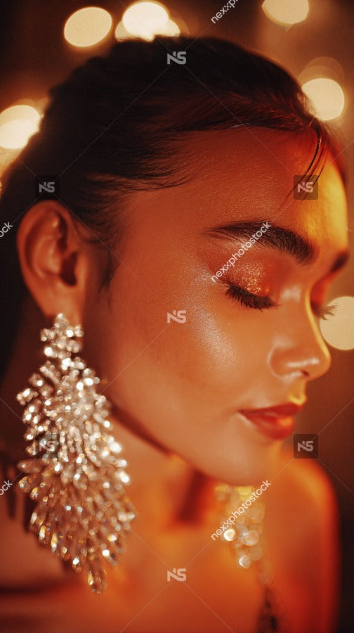 Woman Wearing Large Gold Earrings Captured From A Close Up Angle Against A Blurred Background — Stock Photo