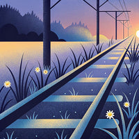 A Train Track Stretches Into The Distance Under A Clear Sky During Sunset With Tall Grass And Flowers On Either Side — Stock Illustration