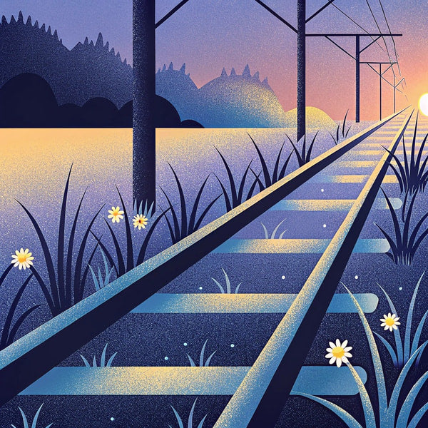 A Train Track Stretches Into The Distance Under A Clear Sky During Sunset With Tall Grass And Flowers On Either Side — Stock Illustration
