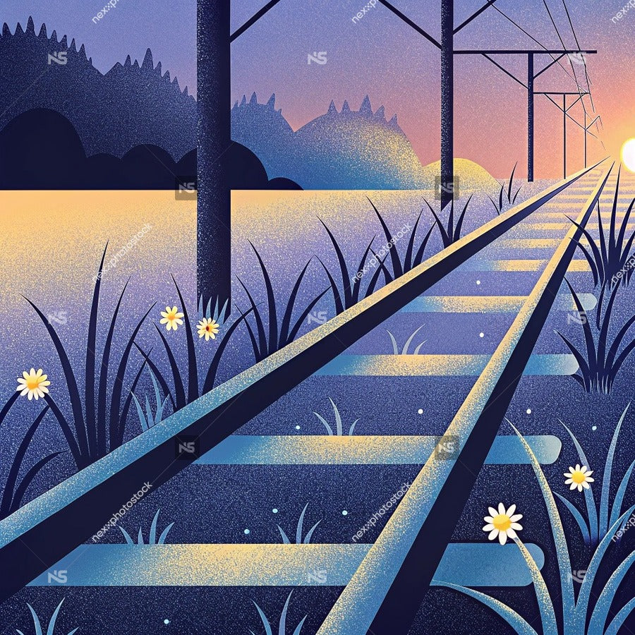 A Train Track Stretches Into The Distance Under A Clear Sky During Sunset With Tall Grass And Flowers On Either Side — Stock Illustration