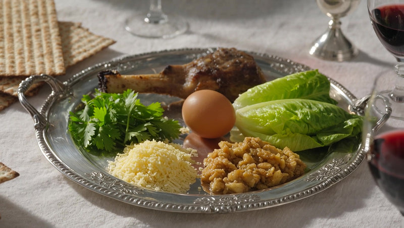 passover seder plate with traditional foods including matzo charoset egg and vegetables arranged on a silver platter - Stock Video