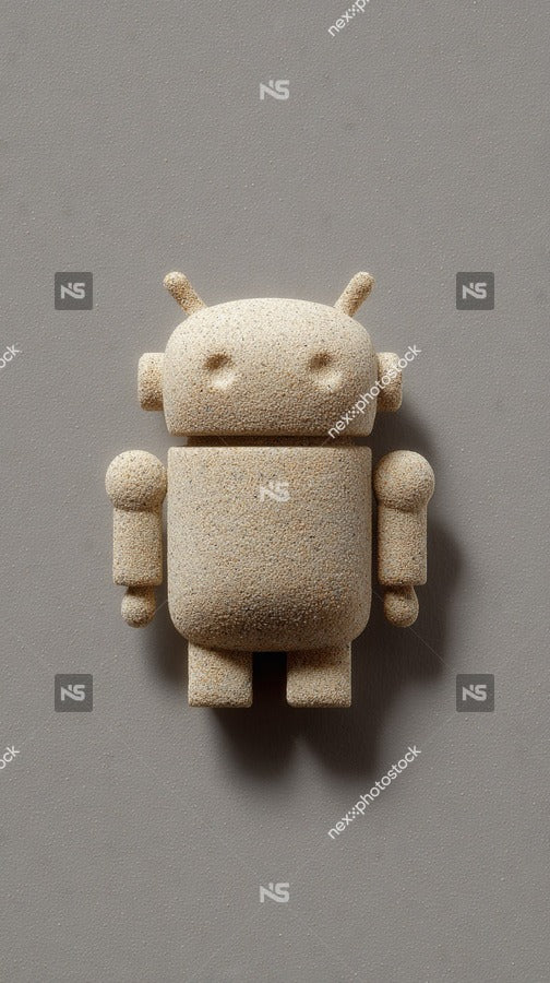 Photograph Of A Small Beige Robot Figurine With A Friendly Face Positioned Against A Neutral Grey Background — Stock Photo
