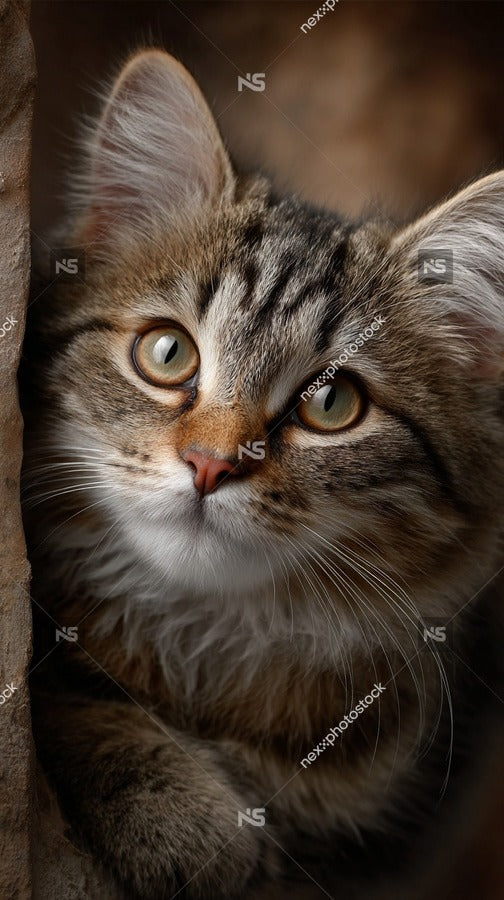 Gray Tabby Cat With Striking Green Eyes Peering Out From Behind A Small Opening In A Brick Wall — Stock Photo