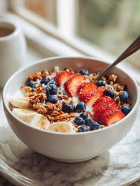 Bowl Of Cereal With Strawberries And Blueberries In A White Bowl On A Table — Stock Photo