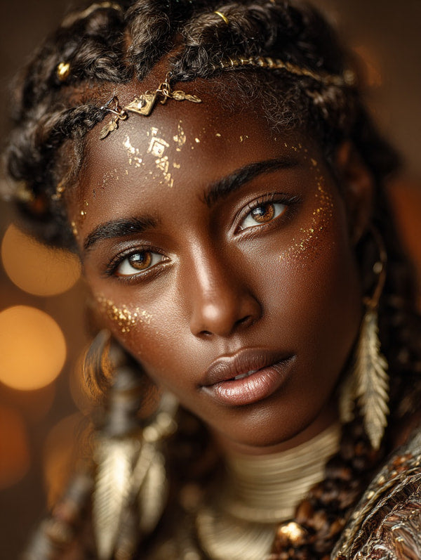 A Fantasy Fashion Portrait Of A Woman With Braided Hair Adorned In Gold Jewelry And Makeup Exuding An Ethereal Warrior Queen Vibe — Stock Photo