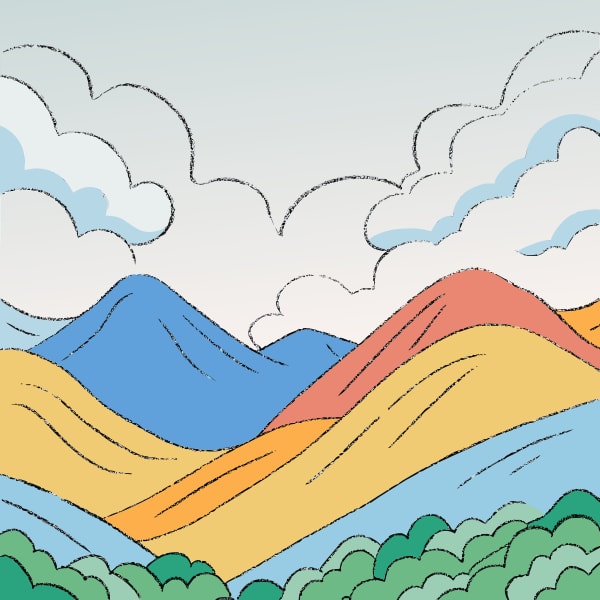 Colorful Mountain Range With A Clear Sky And Clouds In The Background Depicted In An Illustration Style — Stock Vector