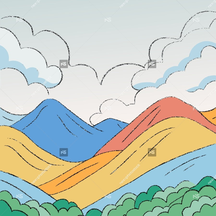 Colorful Mountain Range With A Clear Sky And Clouds In The Background Depicted In An Illustration Style — Stock Vector