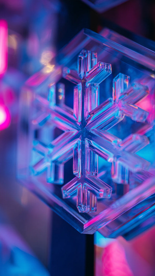 A Close Up Of A Clear Crystal Snowflake Sculpture With Intricate Details Set Against A Colorful Background — Stock Photo