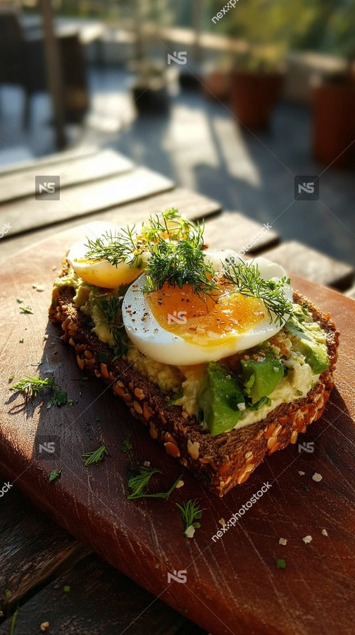 Egg On Toast With Avocado And Herbs Topped With A Fried Egg Served On A Wooden Cutting Board — Stock Photo