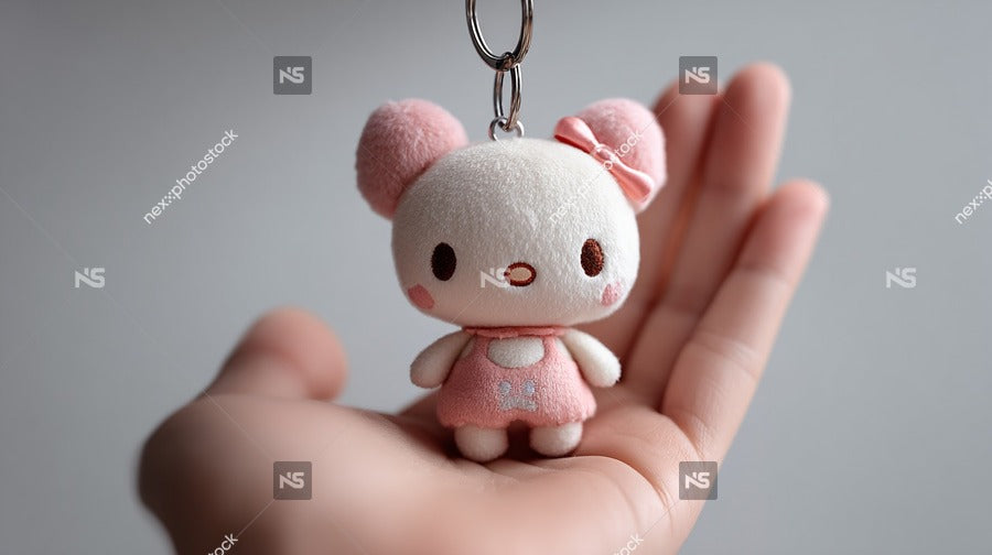 A Small Stuffed Animal Keychain With A Pink Bow Is Held In A Hand — Stock Photo