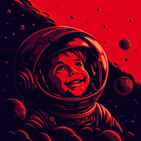 A Young Child Wearing An Astronaut Suit Looking Towards The Viewer With A Smile Set Against A Backdrop Of Space And Planets — Stock Illustration