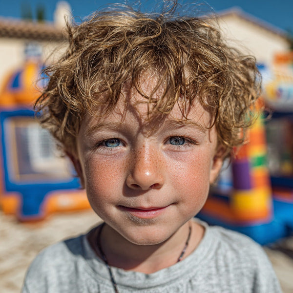 A Young Boy Stands In Front Of A Colorful Carnival Ride His Hair Tousled And Eyes Looking Directly Into The Camera — Stock Photo
