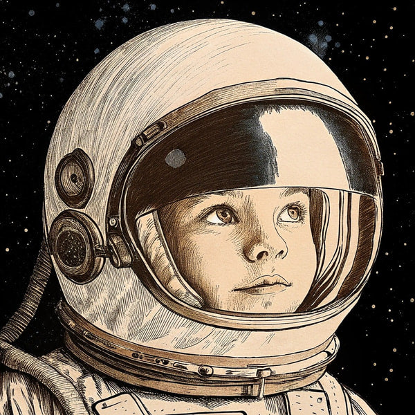 Illustration Of A Young Astronaut In A Space Suit Gazing Into The Distance With A Expression — Stock Illustration