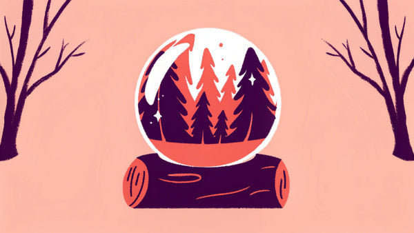 Illustrated Winter Scene With A Whimsical Bubble And Trees A Cozy Cabin In The Background — Stock Illustration