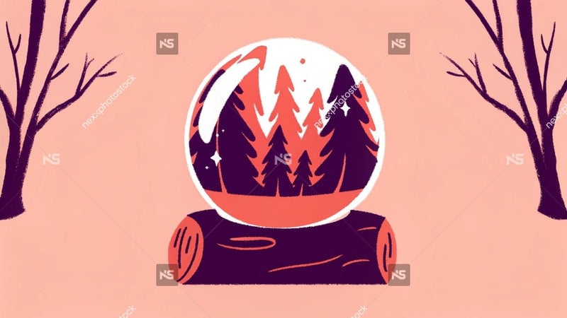 Illustrated Winter Scene With A Whimsical Bubble And Trees A Cozy Cabin In The Background — Stock Illustration