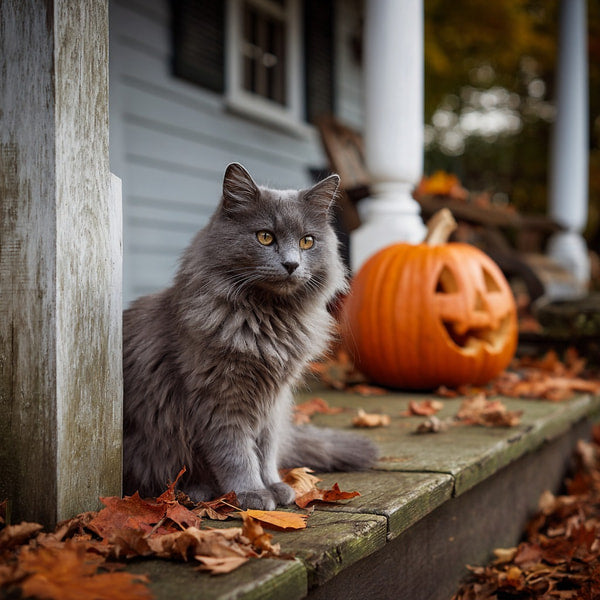 A Gray Cat Sits On A Porch Step In Front Of A House With Fallen Leaves Scattered Around It — Stock Photo