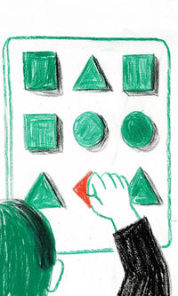 Child S Hand On A Drawing Of A Control Panel With Green And Red Buttons — Stock Illustration