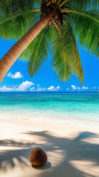 Tropical Beach Scenery With Palm Trees Blue Sky And A Coconut On The Sand — Stock Photo