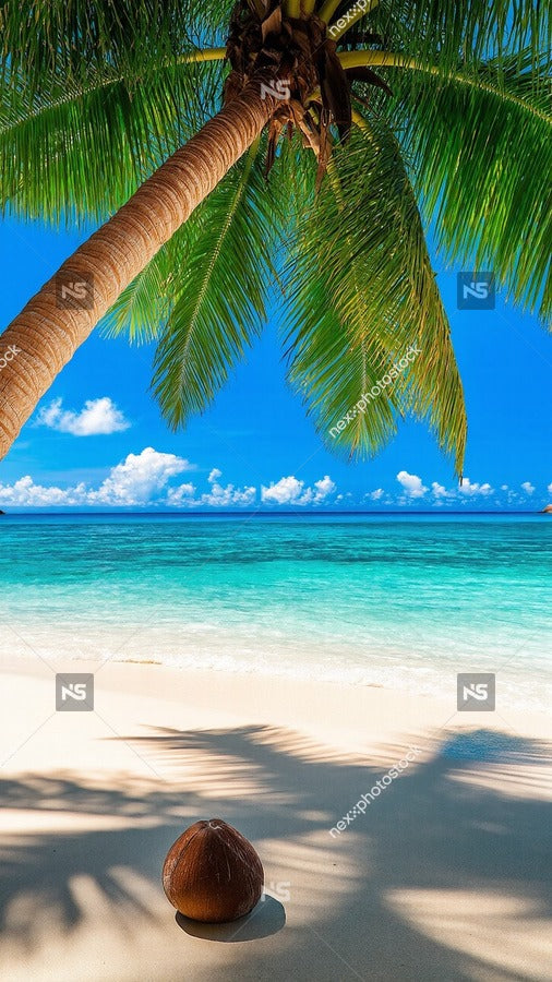 Tropical Beach Scenery With Palm Trees Blue Sky And A Coconut On The Sand — Stock Photo