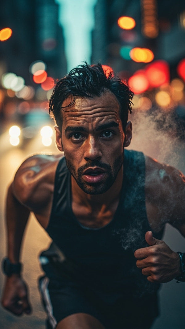 A Man In A Vest Is Captured Mid Run Set Against An Urban Nighttime Backdrop — Stock Photo