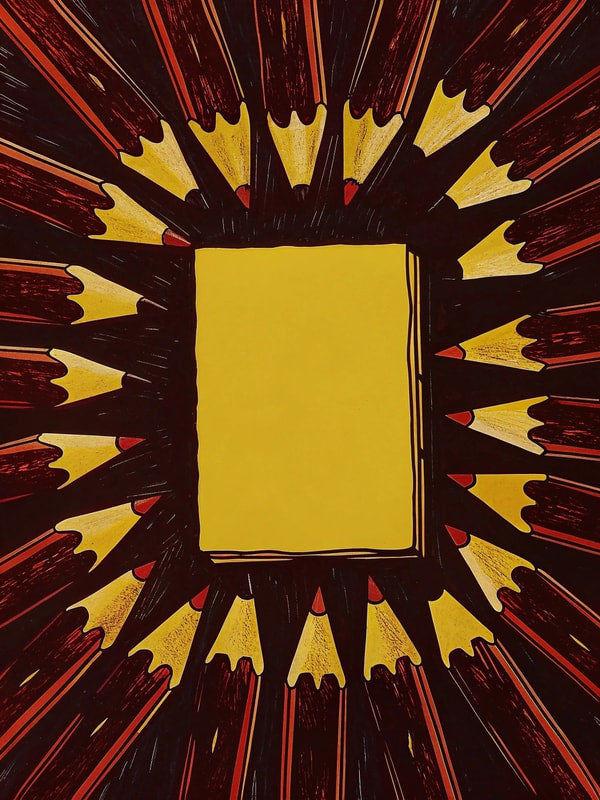 A Book With Pencils Prominently Displayed In The Center Of A Graphic Design Surrounded By A Circular Arrangement Of Pencils — Stock Illustration
