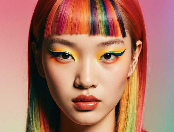 Colorful K Pop Star With Vibrant Rainbow Hair And Makeup Striking A Pose Against A Pink Background — Stock Photo