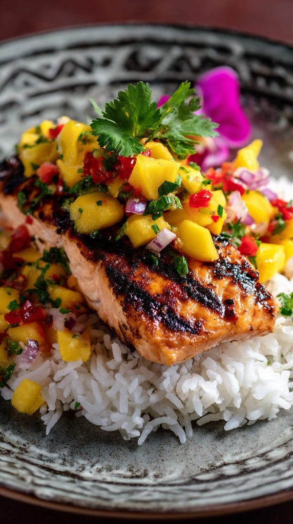 Grilled Salmon Served With Pineapple Salsa On A Bed Of White Rice — Stock Photo
