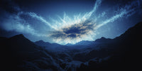 Cosmic Portal In A Dark Mountainous Landscape With A Blue Sky Background — Stock Photo