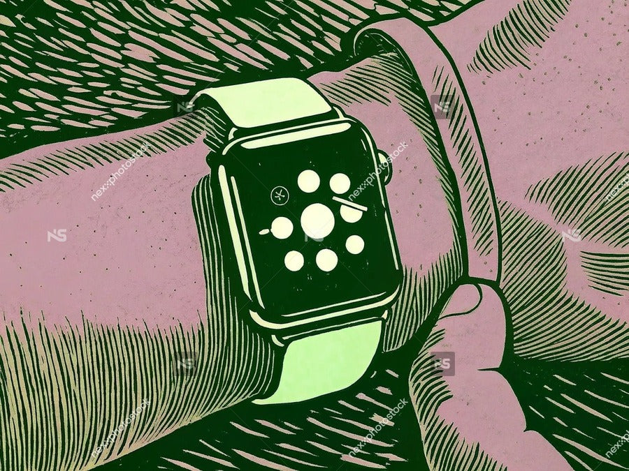 Illustration Of An Apple Watch On A Wrist With A Human Hand Holding It In Place — Stock Illustration