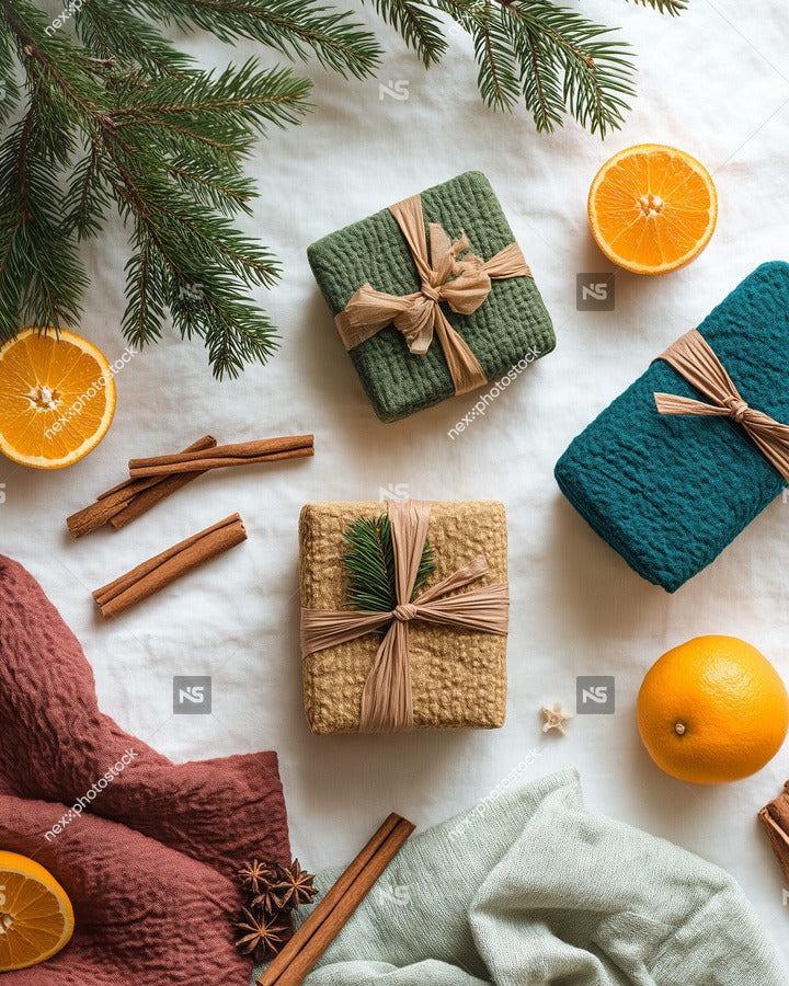Gift Wrapping Supplies On A White Surface With Christmas Tree Branches And Oranges In The Background — Stock Photo