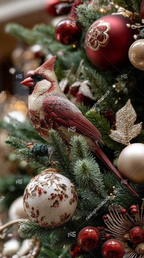 A Cardinal Bird Is Perched On A Festively Decorated Christmas Tree Surrounded By Colorful Ornaments And Twinkling Lights — Stock Photo