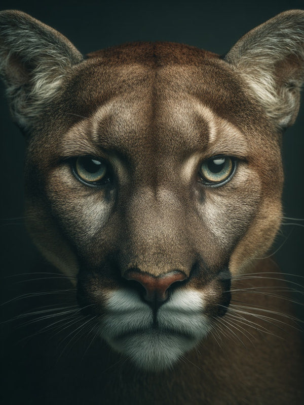 Close Up Of A Majestic Mountain Lion S Face Captured In High Detail Against A Stark Black Background — Stock Photo