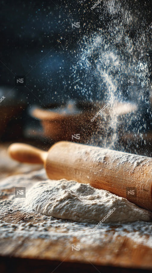 Flour Dusted In The Air Over A Wooden Table With Rolling Pins And Dough — Stock Photo